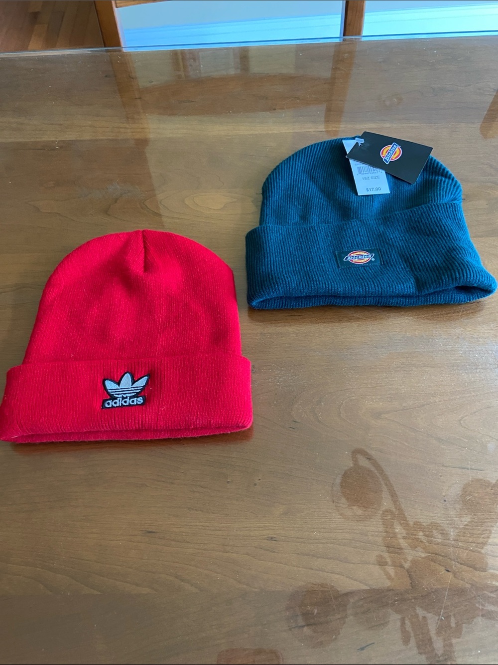 adidas Kids Red Ribbed Beanie with Trefoil Patch and Pacsun Dickies Green Hat.